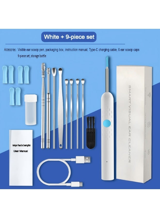إزالة شمع الأذن - مجموعة أدوات إزالة شمع الأذن من 9 قطع - منظف قناة الأذن مع كاميرا بدقة 1080 بكسل، مزيل شمع الأذن مع رؤوس استبدال متعددة، لون أبيض - Image 1