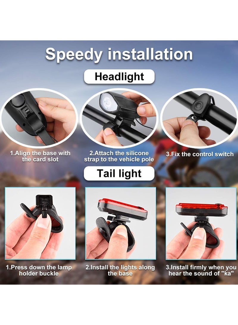 VIUAUAX طقم إضاءة دراجة LED مع بوق – إضاءة أمامية وخلفية بمنفذ USB، 3 أوضاع، مقاومة للماء - Image 2