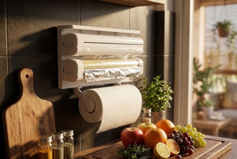 منظم حائط للمطبخ 3 في 1، موزع ورق مطبخ، ورق ألومنيوم، بلاستيك، أبيض، حامل متعدد الاستخدامات