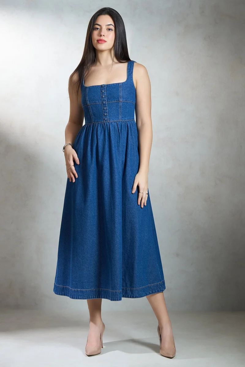 Virgio Solid Cotton Denim Flared Midi Dress for Women