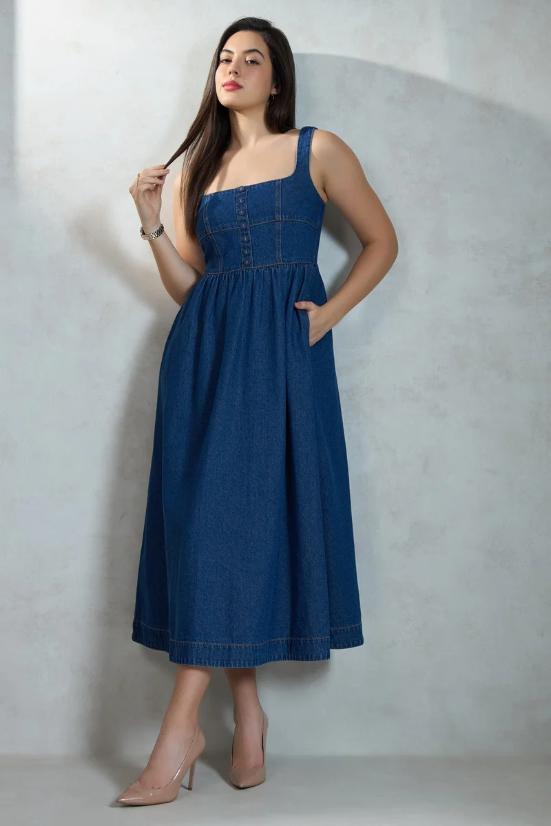 Solid Cotton Denim Flared Midi Dress for Women