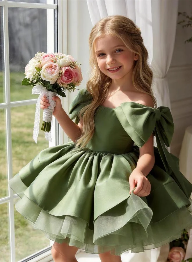 Take Two Girls Green Bow and Ruffle Details A-Line Midi Dress