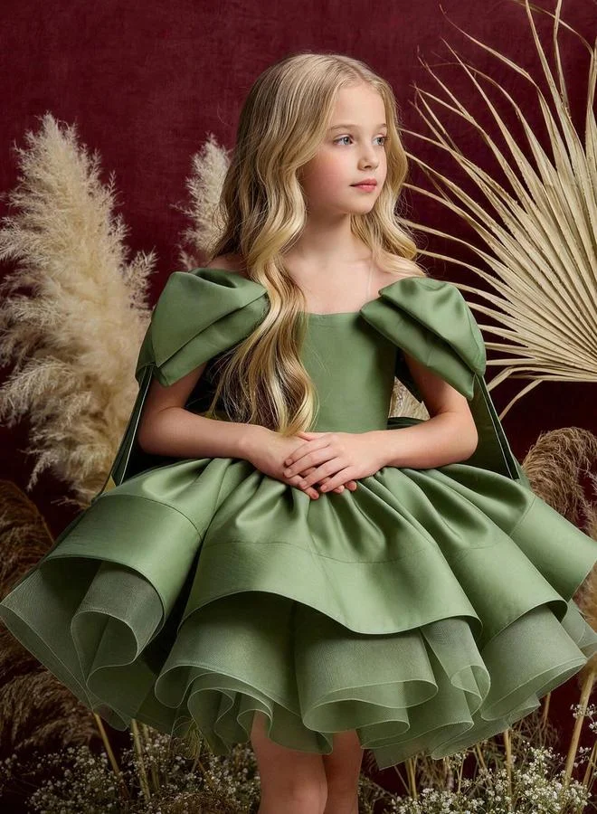 Take Two Girls Green Bow and Ruffle Details A-Line Midi Dress
