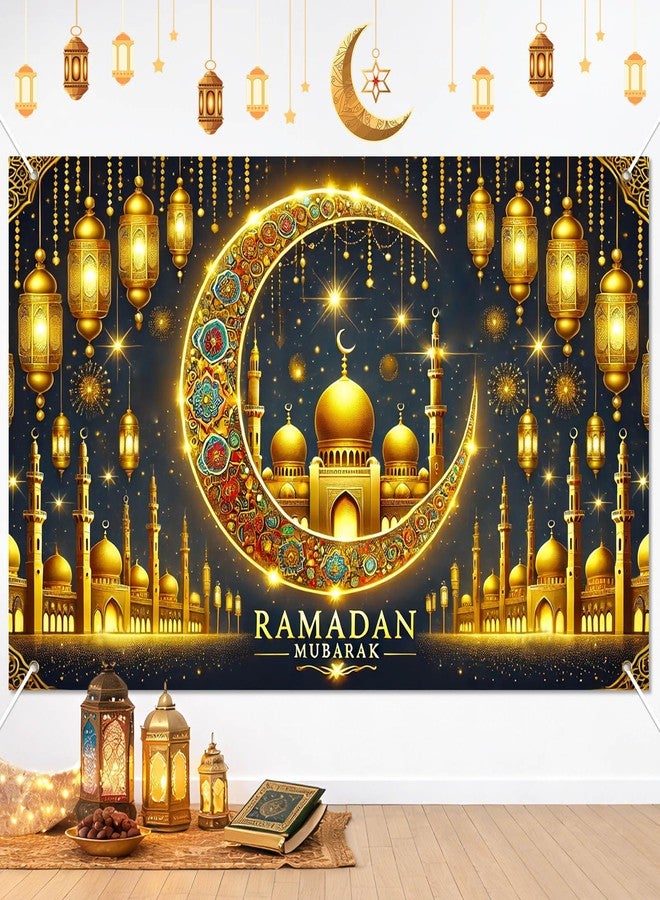 لافتة رمضان من بليس يارد، مقاس 71 × 43 بوصة، مزينة بهلال وفوانيس مسجد، خلفية جدارية إسلامية لتزيين رمضان، لافتة عيد مبارك داخلية وخارجية، لوازم حفلات الأعياد الإسلامية. - Image 1