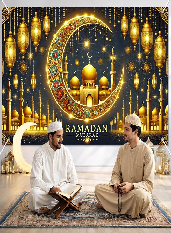 لافتة رمضان من بليس يارد، مقاس 71 × 43 بوصة، مزينة بهلال وفوانيس مسجد، خلفية جدارية إسلامية لتزيين رمضان، لافتة عيد مبارك داخلية وخارجية، لوازم حفلات الأعياد الإسلامية. - Image 3