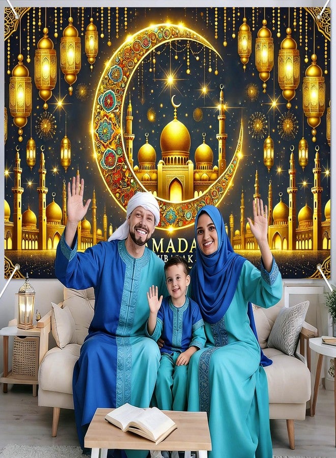 لافتة رمضان من بليس يارد، مقاس 71 × 43 بوصة، مزينة بهلال وفوانيس مسجد، خلفية جدارية إسلامية لتزيين رمضان، لافتة عيد مبارك داخلية وخارجية، لوازم حفلات الأعياد الإسلامية. - Image 2