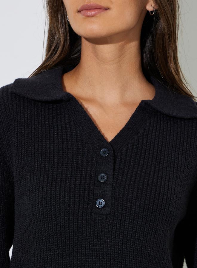 Styli Black Regular Fit Knit Sweater with Button Placket - Image 3