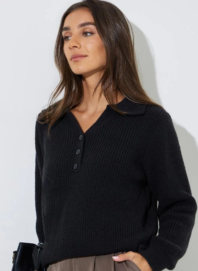 Styli Black Regular Fit Knit Sweater with Button Placket