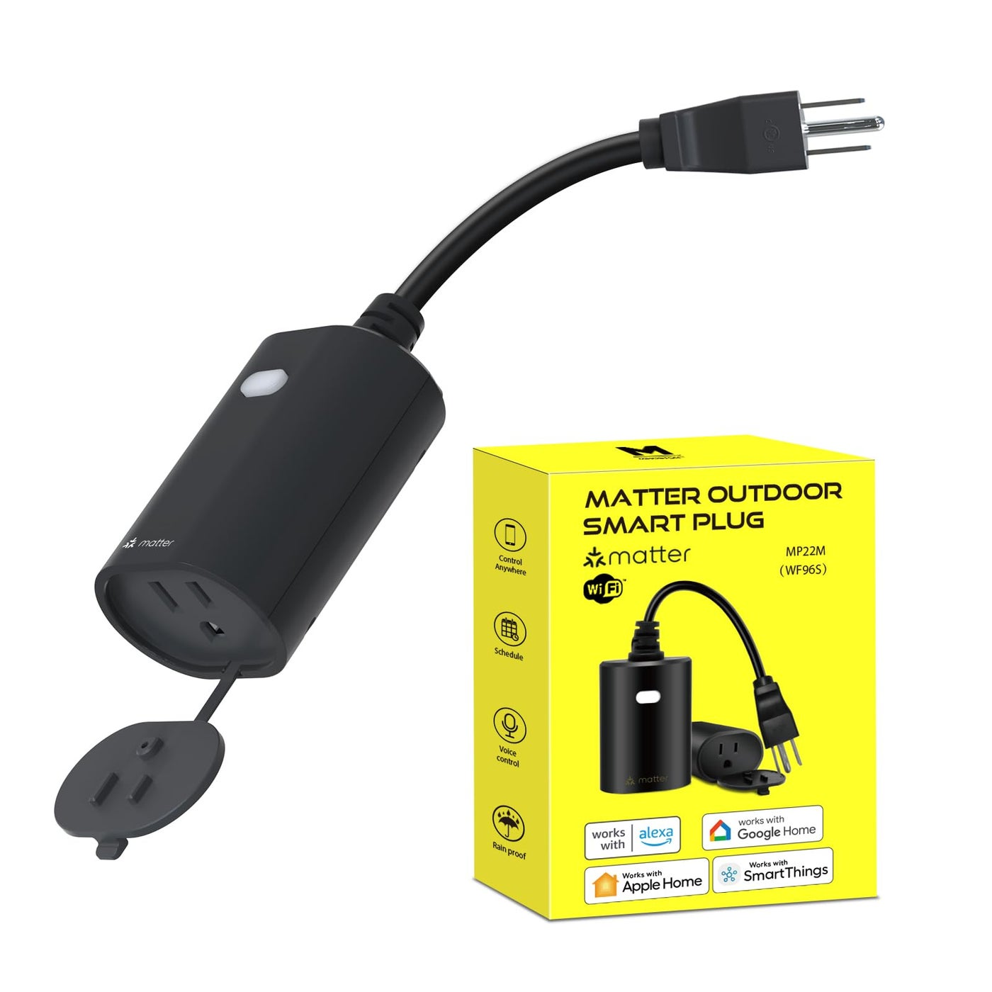 Minoston Matter Outdoor Smart Plug WiFi Heavy Duty Plugin Outlet IP65 Waterproof Compatible with Alexa Apple Home SmartThings Google Home Smart Life Remote Control 15Amp Black MP22M