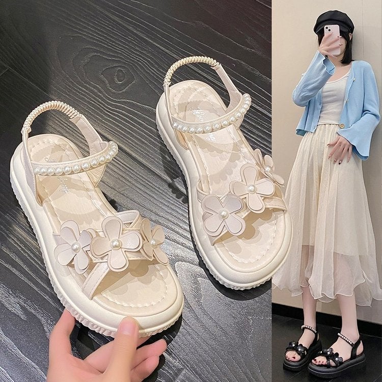 New Sandals, Fashionable And Versatile, Breathable, Slim, Creamy-White Black Strap Sandals - Image 5