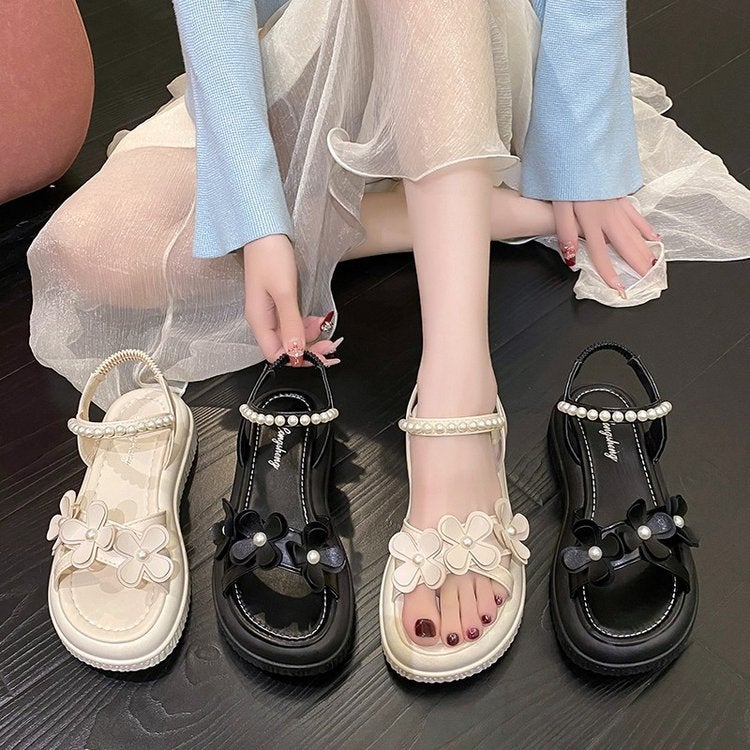 New Sandals, Fashionable And Versatile, Breathable, Slim, Creamy-White Black Strap Sandals - Image 3