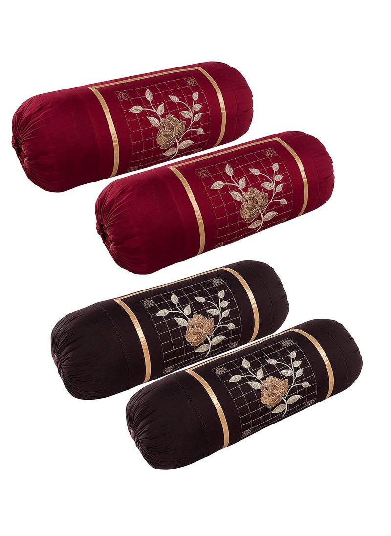 Rj Products Rj Products Microfiber Rose Embroidery Bolsters Covers Pack of 4 Piece Maroon and Brown  - Image 1