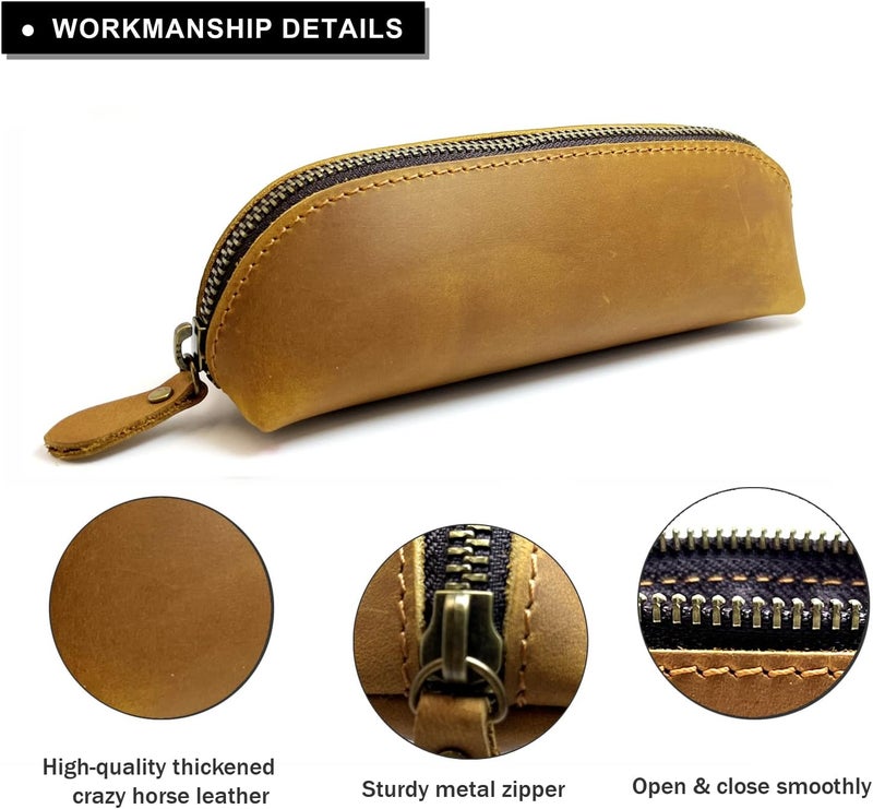 Craoopii Leather Pencil Case Pencil Bag Pouch With Zipper Pen Holders Handmade Genuine Leather For Men Women Students Businessmen And Artists Home Work Office., Brownish yellow, Pencil Case - Image 5