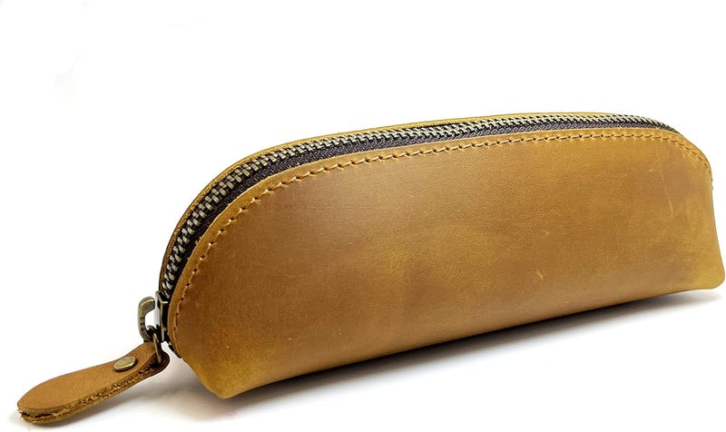 Craoopii Leather Pencil Case Pencil Bag Pouch With Zipper Pen Holders Handmade Genuine Leather For Men Women Students Businessmen And Artists Home Work Office., Brownish yellow, Pencil Case - Image 1