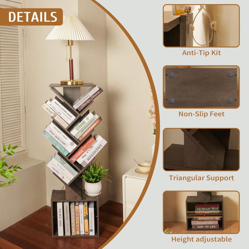 FredCache 7 Tier Tree Book shelf, Small Bookcase with Reading Planner and Activity Panel, Modern Floor Standing Corner Tall Narrow Storage Cabinet Bookshelves for Home Office Bedroom Living Room (Gray) - Image 5