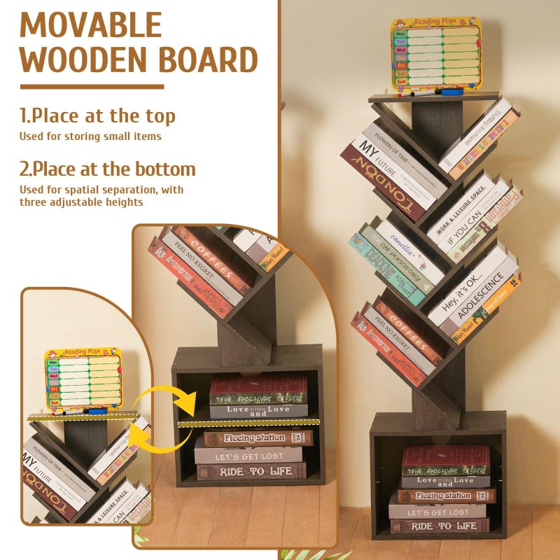 FredCache 7 Tier Tree Book shelf, Small Bookcase with Reading Planner and Activity Panel, Modern Floor Standing Corner Tall Narrow Storage Cabinet Bookshelves for Home Office Bedroom Living Room (Gray) - Image 2