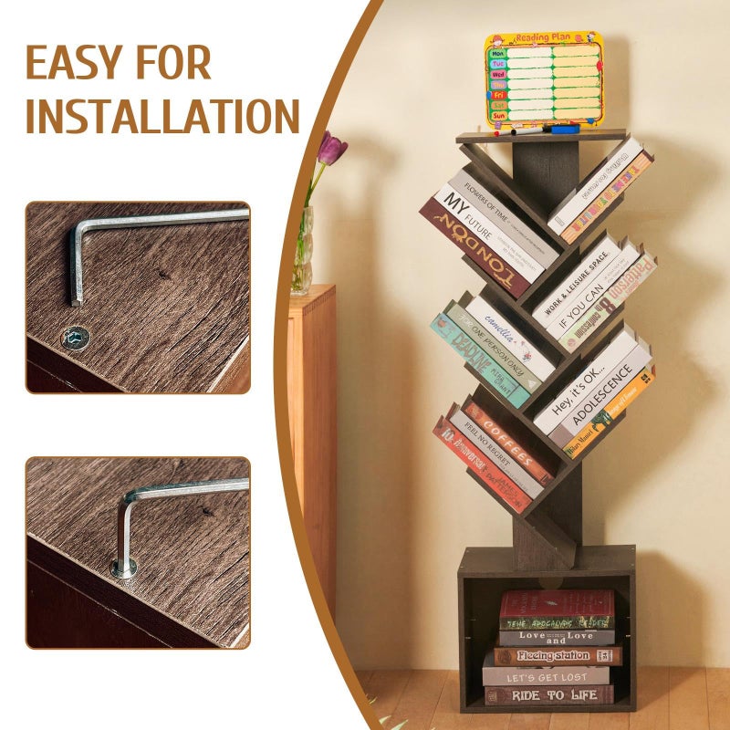 FredCache 7 Tier Tree Book shelf, Small Bookcase with Reading Planner and Activity Panel, Modern Floor Standing Corner Tall Narrow Storage Cabinet Bookshelves for Home Office Bedroom Living Room (Gray) - Image 4