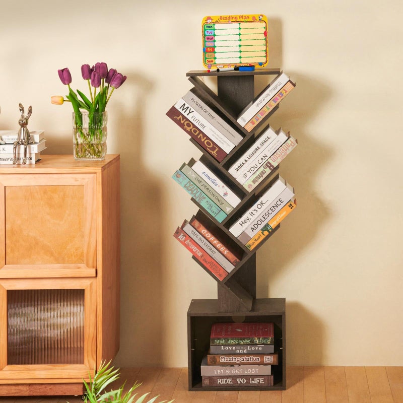 FredCache 7 Tier Tree Book shelf, Small Bookcase with Reading Planner and Activity Panel, Modern Floor Standing Corner Tall Narrow Storage Cabinet Bookshelves for Home Office Bedroom Living Room (Gray) - Image 1