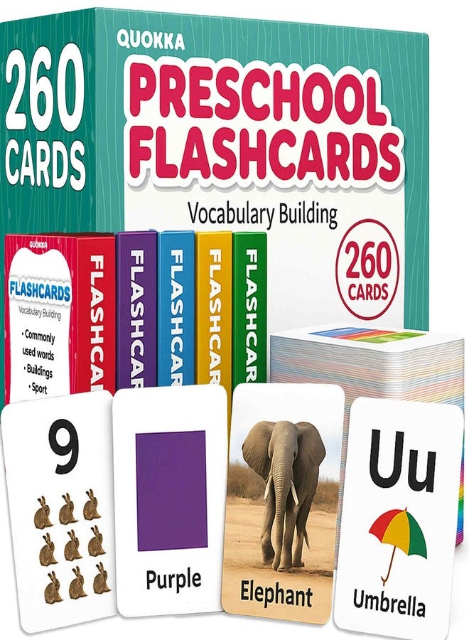 QUOKKA 260 Flash Cards for Kids Ages 3-5 with Realistic Images - Pre K Flash Cards Age 4-5 for Toddlers & Preschool, Alphabet, Numbers, Shapes, etc with 30 Learning Activities Color-Coded for Sorting - Image 1