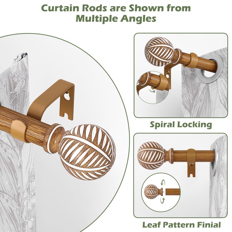 HTZON Wood Boho Curtain Rods for Windows:Wooden Farmhouse Decorative Curtain Rod for Bedroom Living Room,Heavy Duty Adjustable Rustic Bamboo Drapery Rods with Imitation Wood Grain Finials,Brown 36-88" - Image 2