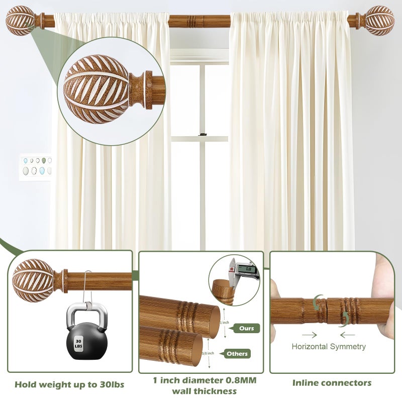 HTZON Wood Boho Curtain Rods for Windows:Wooden Farmhouse Decorative Curtain Rod for Bedroom Living Room,Heavy Duty Adjustable Rustic Bamboo Drapery Rods with Imitation Wood Grain Finials,Brown 36-88" - Image 3
