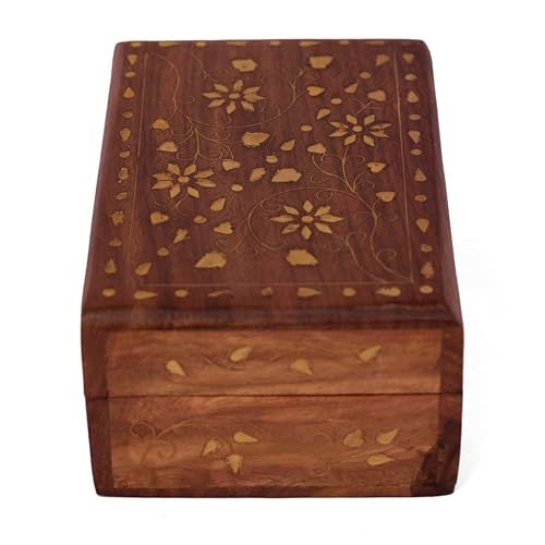 GURU JEE Wooden Hand Carved Decorative Vintage Trinket Jewellery Box Brass Inlay Floral Design - Image 3
