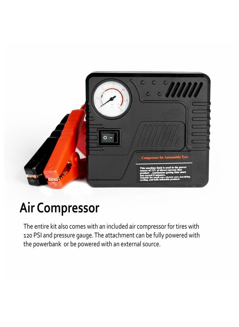 2 In 1 Portable Emergency Mini Slim Powerful Car Jump Starter Engine Battery Power Bank With Emergency Air Compressor Kit