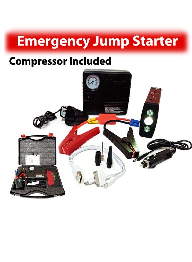 2 In 1 Portable Emergency Mini Slim Powerful Car Jump Starter Engine Battery Power Bank With Emergency Air Compressor Kit