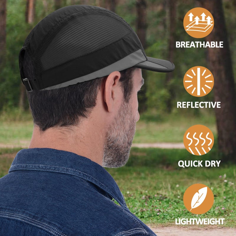 GADIEMKENSD Running Hat, Mens Outdoor Hat Unstructured Baseball Cap UPF 50 UV SPF Exercise Run Caps Reflective Breathable Light Sun Hats Quick Dry Mesh Summer Sports Hat Cap Men Woman Under 10 Black - Image 2