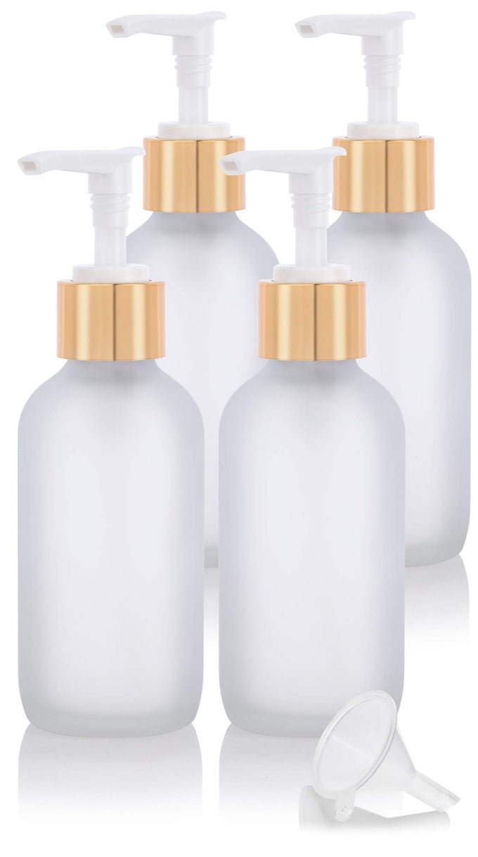 4 OZ FROSTED CLEAR BOSTON ROUND GLASS BOTTLE WITH GOLD LOTION PUMP 4 PACK FUNNEL