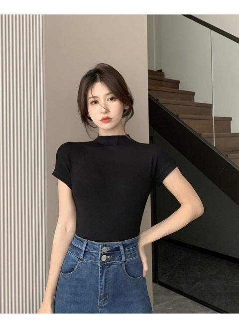 2024 Summer Slimming Base Layer T-Shirt Womens Polyester Top Short Sleeves Turtle Neck Half Polo Aesthetic Design Black
