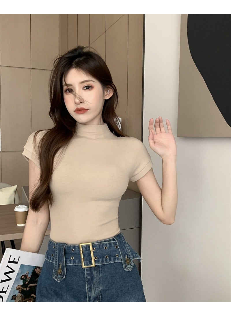 2024 Summer Slimming Base Layer T-Shirt Womens Polyester Top Short Sleeves Turtle Neck Half Polo Aesthetic Design Black