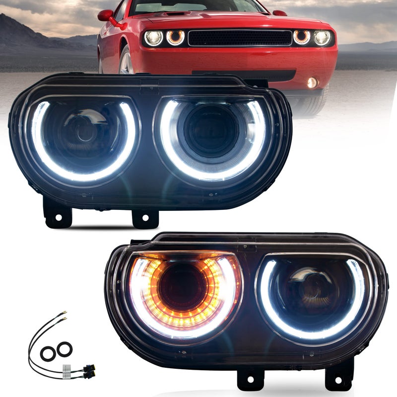 VLAND Headlights Assembly Fit for Dodge Challenger 20082014 3rd Gen Coupe WDual Beam Lens DRL LED Front light with Sequential Indicator Halo PlugnPlay Headlamp