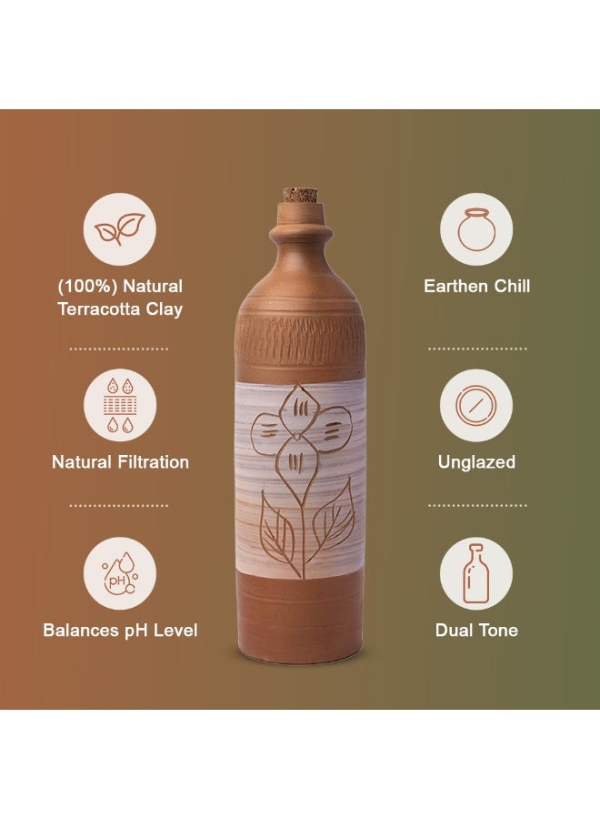 ارك زجاجة ماء من الطين المحروق مصنوعة يدويًا من ARK | زجاجة ميتي بسدادة فلين | تصميم فني بأوراق شجر ثنائية اللون | تبريد طبيعي | صديقة للبيئة | 1 لتر - Image 4