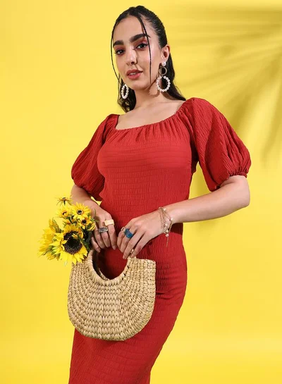 Campus Sutra Shirred Sleeve Midi Dress