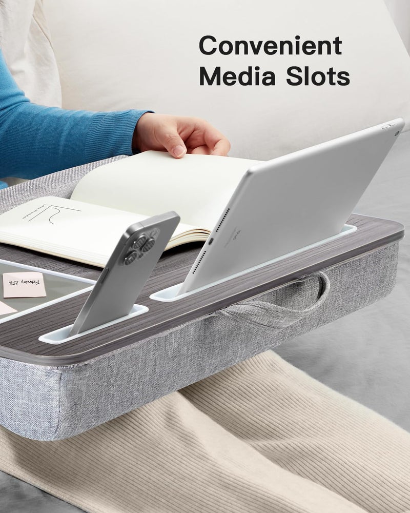 HUANUO Lap Desk - Fits up to 17 inches Laptop Desk, Built in Mouse Pad & Wrist Pad for Notebook, Laptop, Tablet, Lap Stand with Tablet, Pen & Phone Holder, Black Woodgrain - Image 5