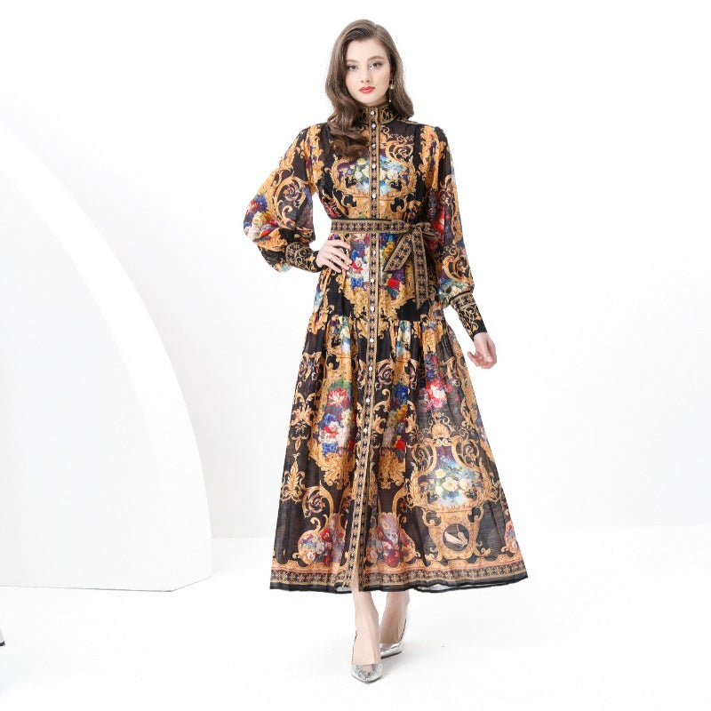 2025 early spring-elegant cross-border retro style stand collar lantern sleeve wave edge long printed dress two-piece set Black