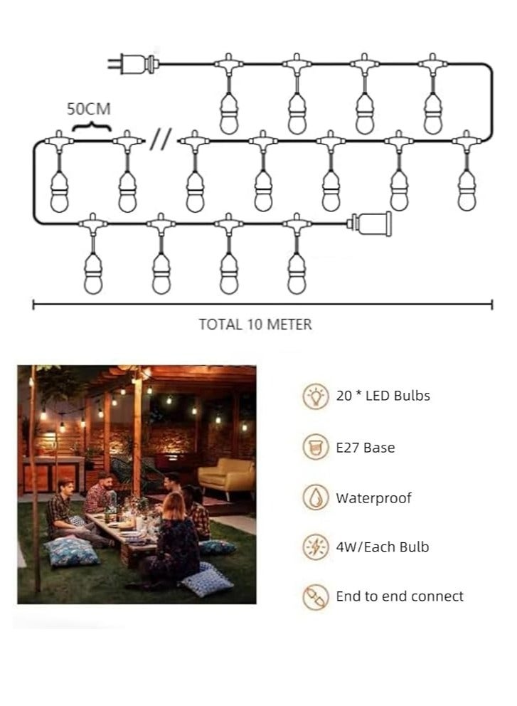 ESNCO 33FT Outdoor String Lights, Electric Plug-In Festoon Lights 10 Meter 20 LED Bulbs Warm White, Outdoor Waterproof Decorative Hanging Light String for Patio Garden Porch Yard  - Image 2