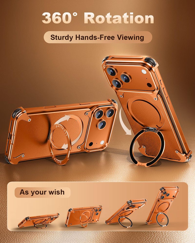 OATSBASF Frameless for iPhone 17 Pro Case, Sleek Minimalist Protective Shock Absorption Aerospace Grade Shells with 360Â° Rotating Kickstand, Leather-Orange - Image 5