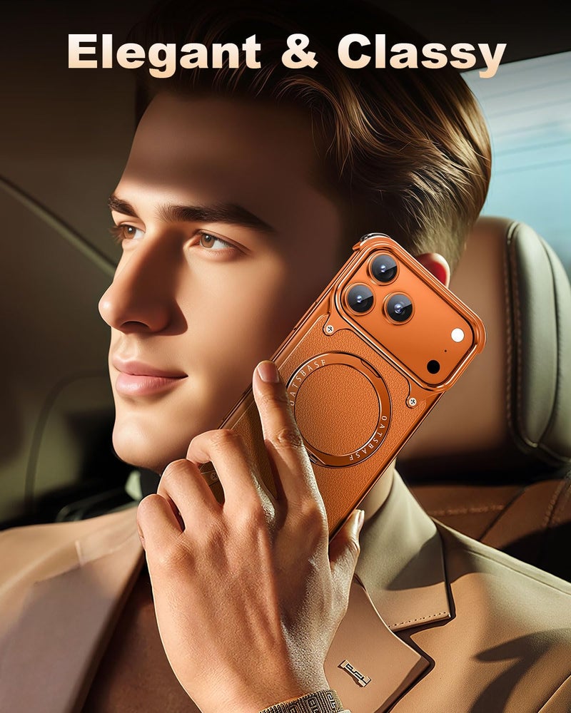 OATSBASF Frameless for iPhone 17 Pro Case, Sleek Minimalist Protective Shock Absorption Aerospace Grade Shells with 360Â° Rotating Kickstand, Leather-Orange - Image 2