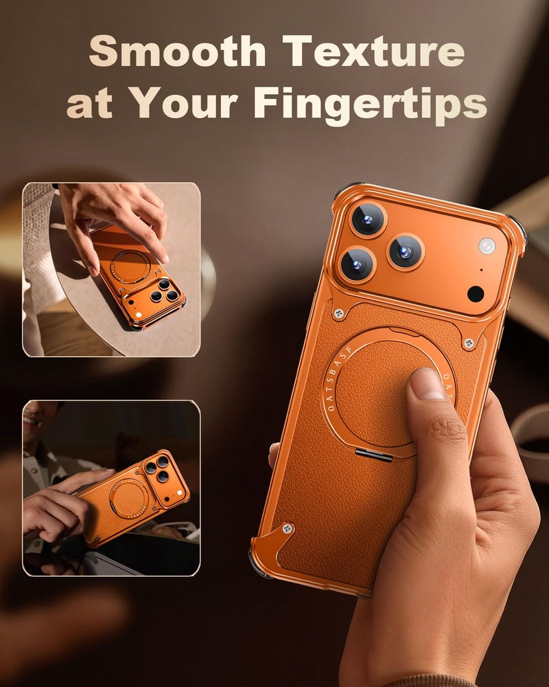 OATSBASF Frameless for iPhone 17 Pro Case, Sleek Minimalist Protective Shock Absorption Aerospace Grade Shells with 360Â° Rotating Kickstand, Leather-Orange - Image 4