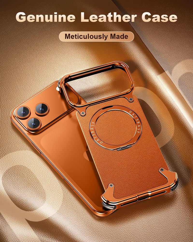 OATSBASF Frameless for iPhone 17 Pro Case, Sleek Minimalist Protective Shock Absorption Aerospace Grade Shells with 360Â° Rotating Kickstand, Leather-Orange - Image 3