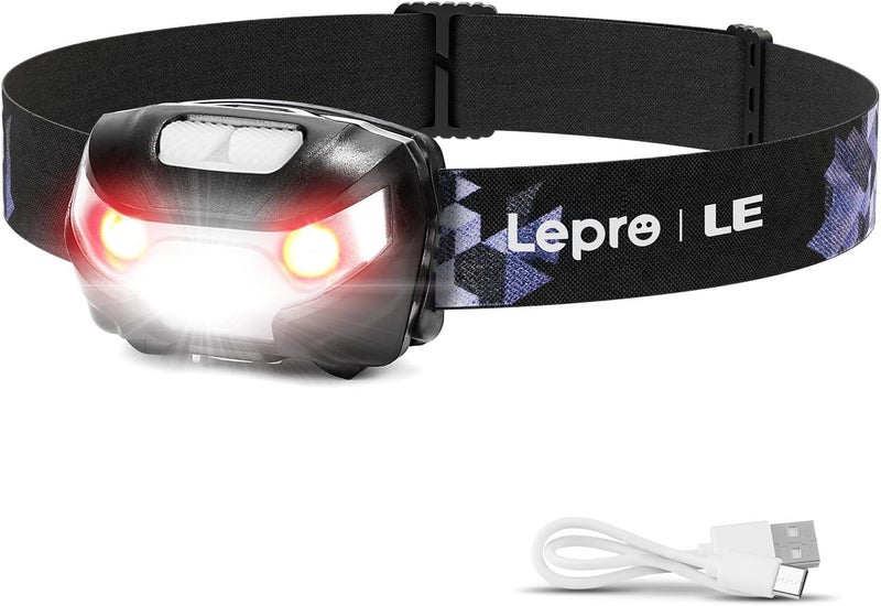 Lepro LED Headlamp Rechargeable - Super Bright Head Lamp with 5 Modes for Camping & Hiking Gear Essentials, IPX4 Waterproof Headlight Flashlight with Red Light, USB Cable Included - Image 1