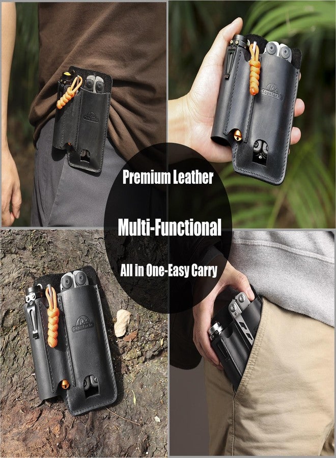 Topstache Leather Multitool Sheath with Belt Clip - Leather Multitool Pouch for Belt - EDC Belt Organizer - Multitool Holster Fits Multitool, Flashlight, Pen - Leather Multitool Holder - Black - Image 2