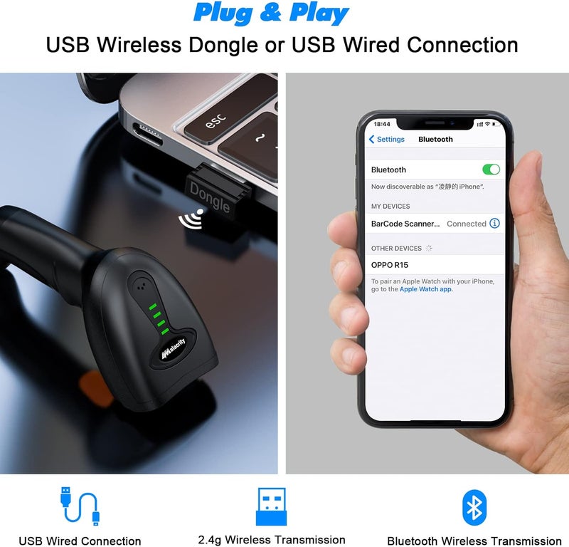 alacrity ماسح ضوئي لاسلكي بلوتوث من ، مسافة نقل 328 قدم، USB لاسلكي، قارئ باركود 1D CCD تلقائي، ماسح باركود محمول مع مستقبل USB للمتجر والسوبرماركت والمستودع - Image 4
