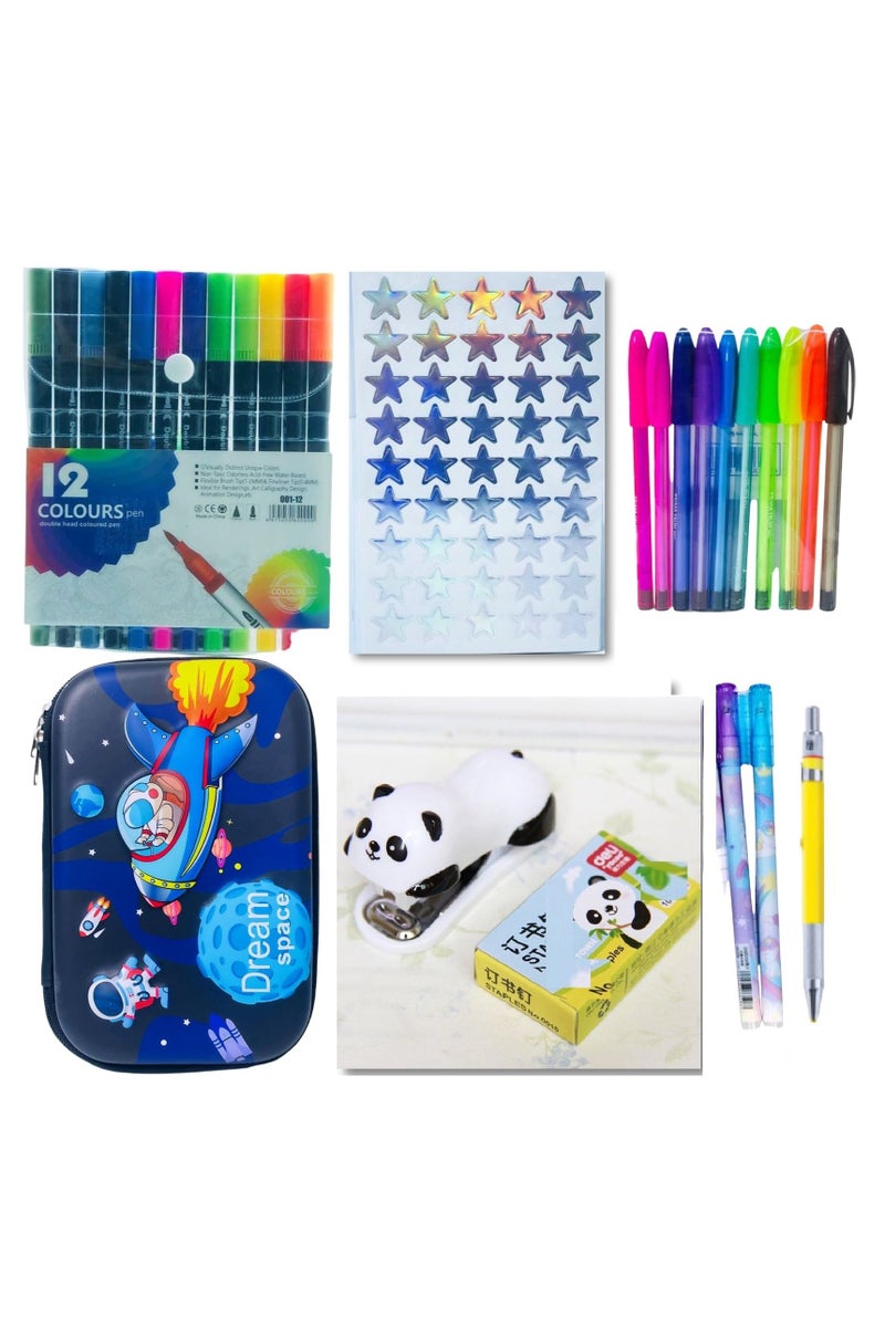 7-piece school supplies set (small and large astronaut pencil case, - 9 colored fluorescent pens - 2 erasable gel pens - felt tip pen + 12 dual-ended brush markers + small office stapler and pins + laser star sticker) - Image 1