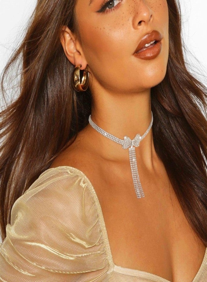 ELABEST Rhinestone Bowknot Necklace Sparkly Tassel Choker Crystal Bow Tie Tennis Chain for Women(Silver) - Image 3