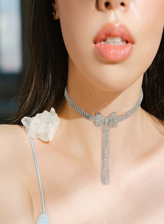 ELABEST Rhinestone Bowknot Necklace Sparkly Tassel Choker Crystal Bow Tie Tennis Chain for Women(Silver) - Image 4