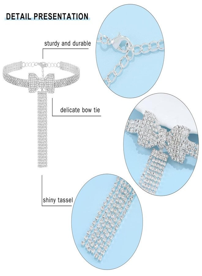 ELABEST Rhinestone Bowknot Necklace Sparkly Tassel Choker Crystal Bow Tie Tennis Chain for Women(Silver) - Image 5