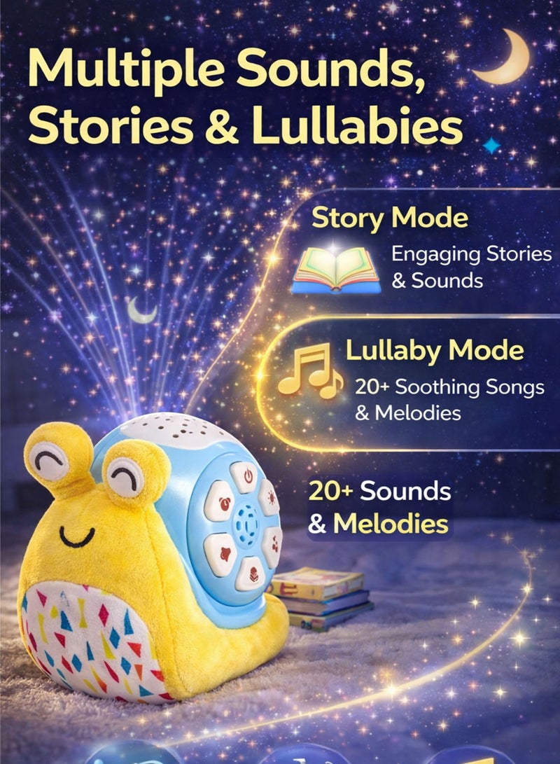 Oobidoo Snail Projector with Light and Sound for Babies and Toddlers, Baby Night Light Projector, Star Projection Lamp, Music and Story Sound Machine, Plush Sleep Soother, Detachable Washable Snail Toy, Nursery Bedtime Sleep Aid 18+ Months - Image 4